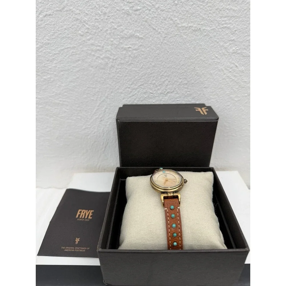Frye Women's Watch Mother of Pearl Turquoise Stud Leather Strap Box